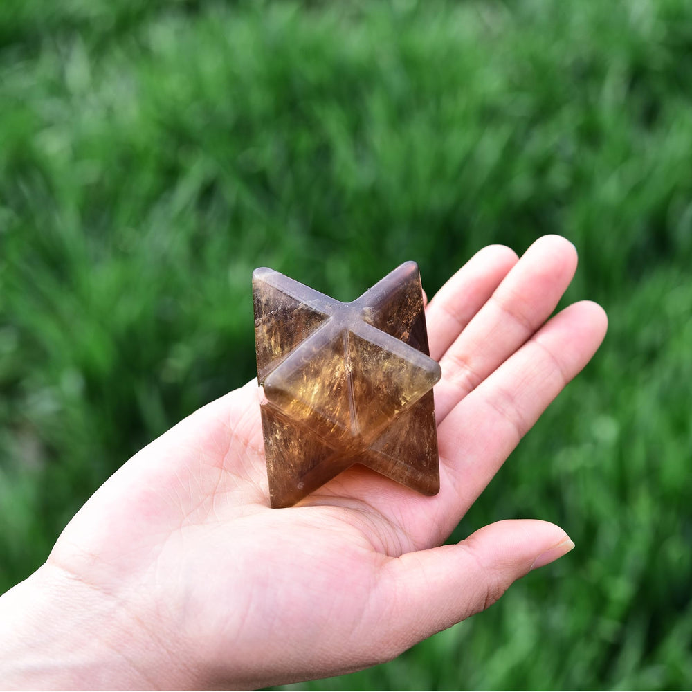 JIC Gem Yellow Fluorite Merkaba crystal close-up reveals natural patterns and hues