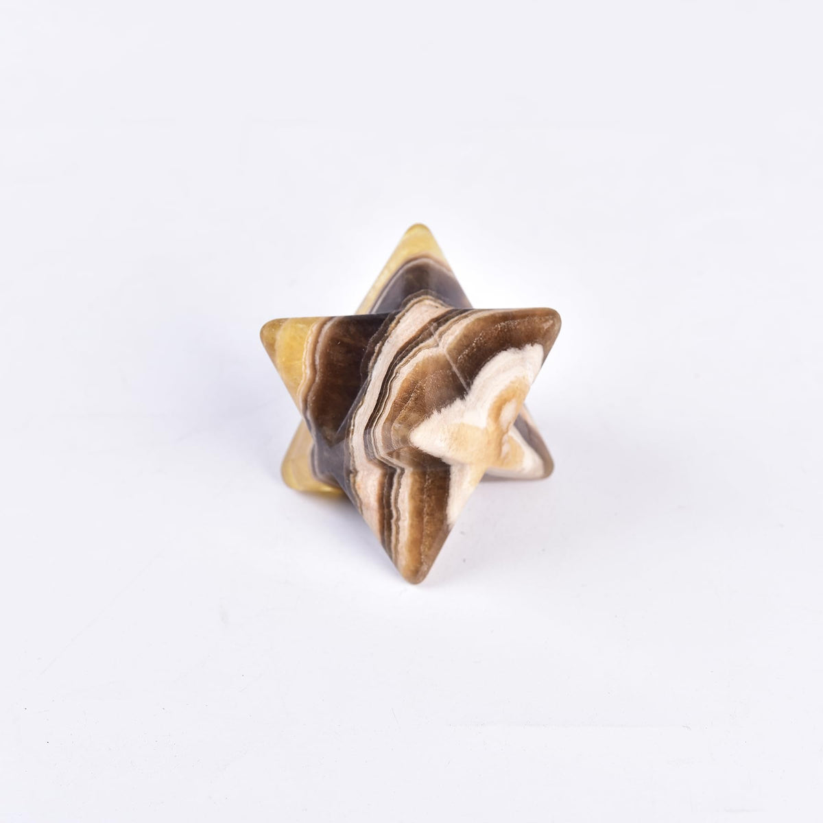 JIC Gem Yellow Fluorite Merkaba crystal front view supports focus during meditation