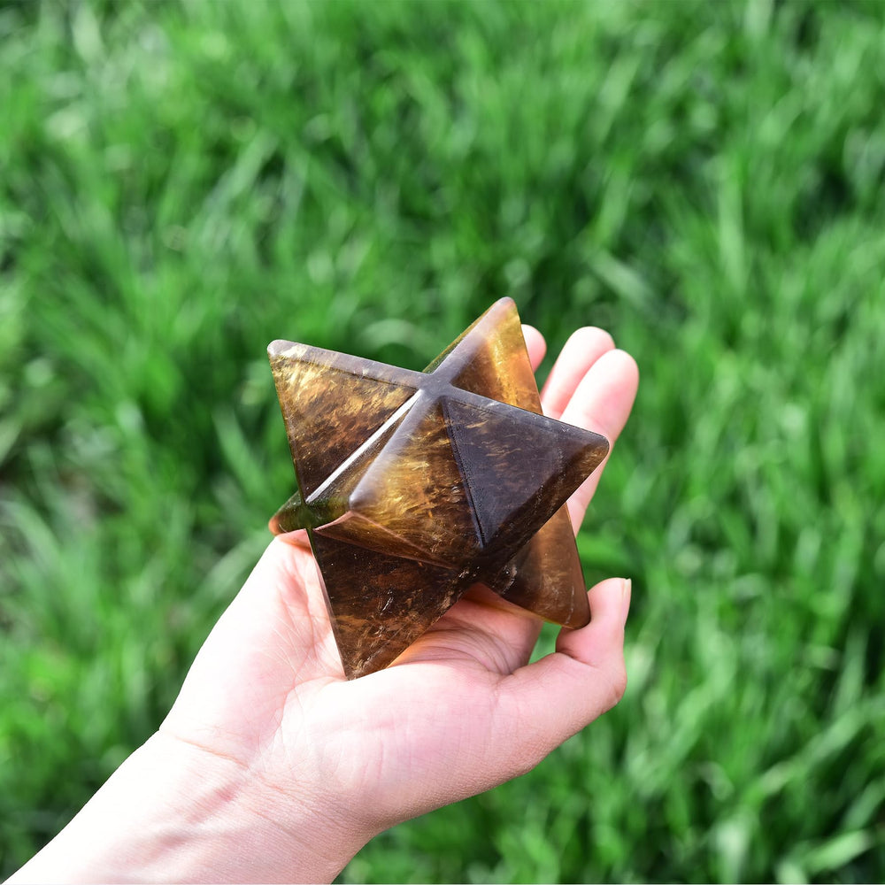 JIC Gem yellow fluorite Merkaba grid display enhances room energy and focus.