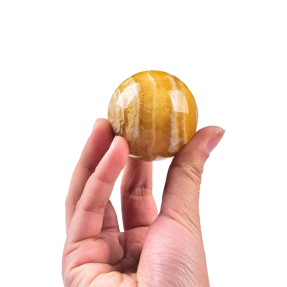 JIC Gem yellow fluorite sphere on wooden stand for display and meditation