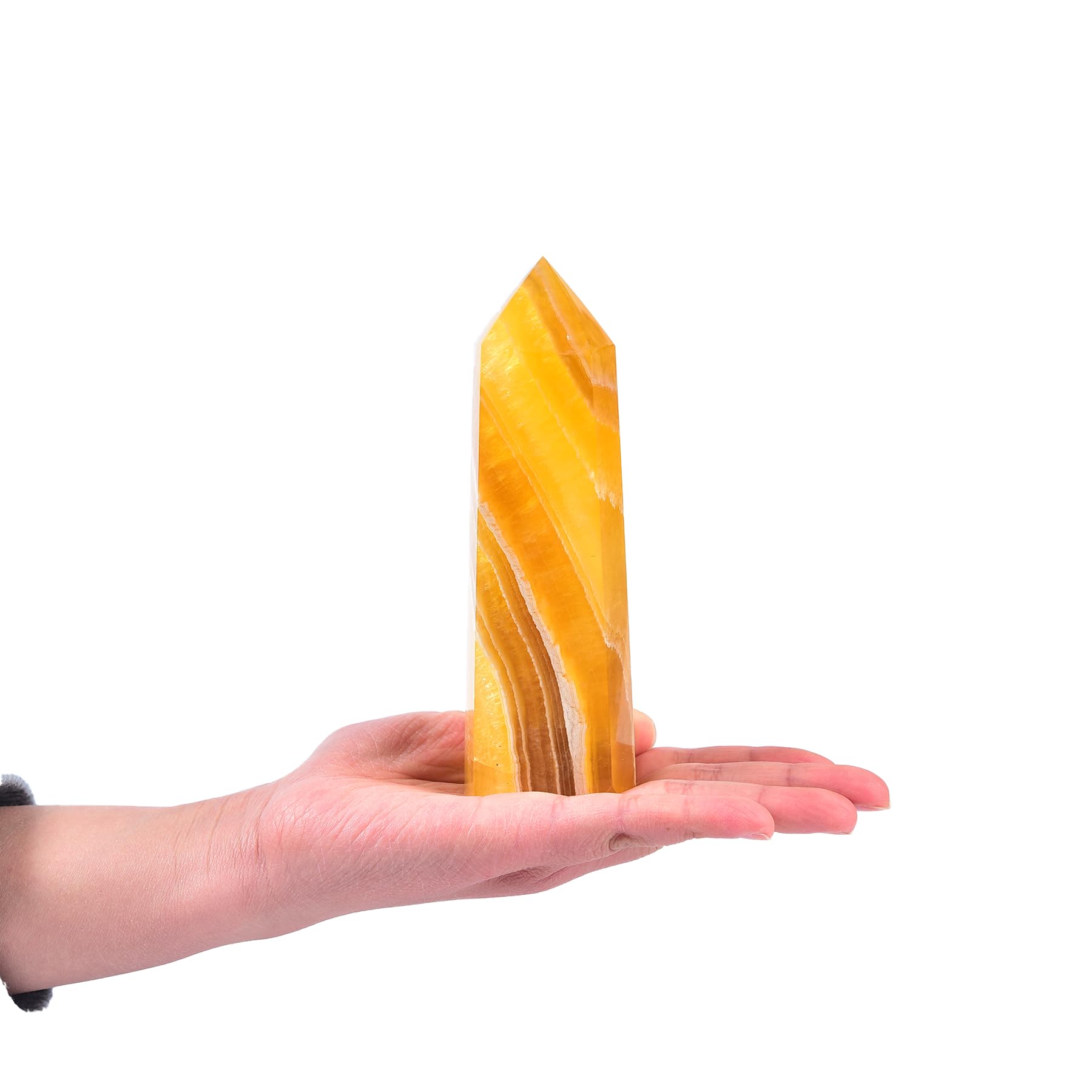 JIC Gem yellow fluorite tower six-sided crystal point for focus and meditation.