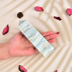 JIC Gem Aura Blue Calcite Obelisk—side view highlights energy direction for focus