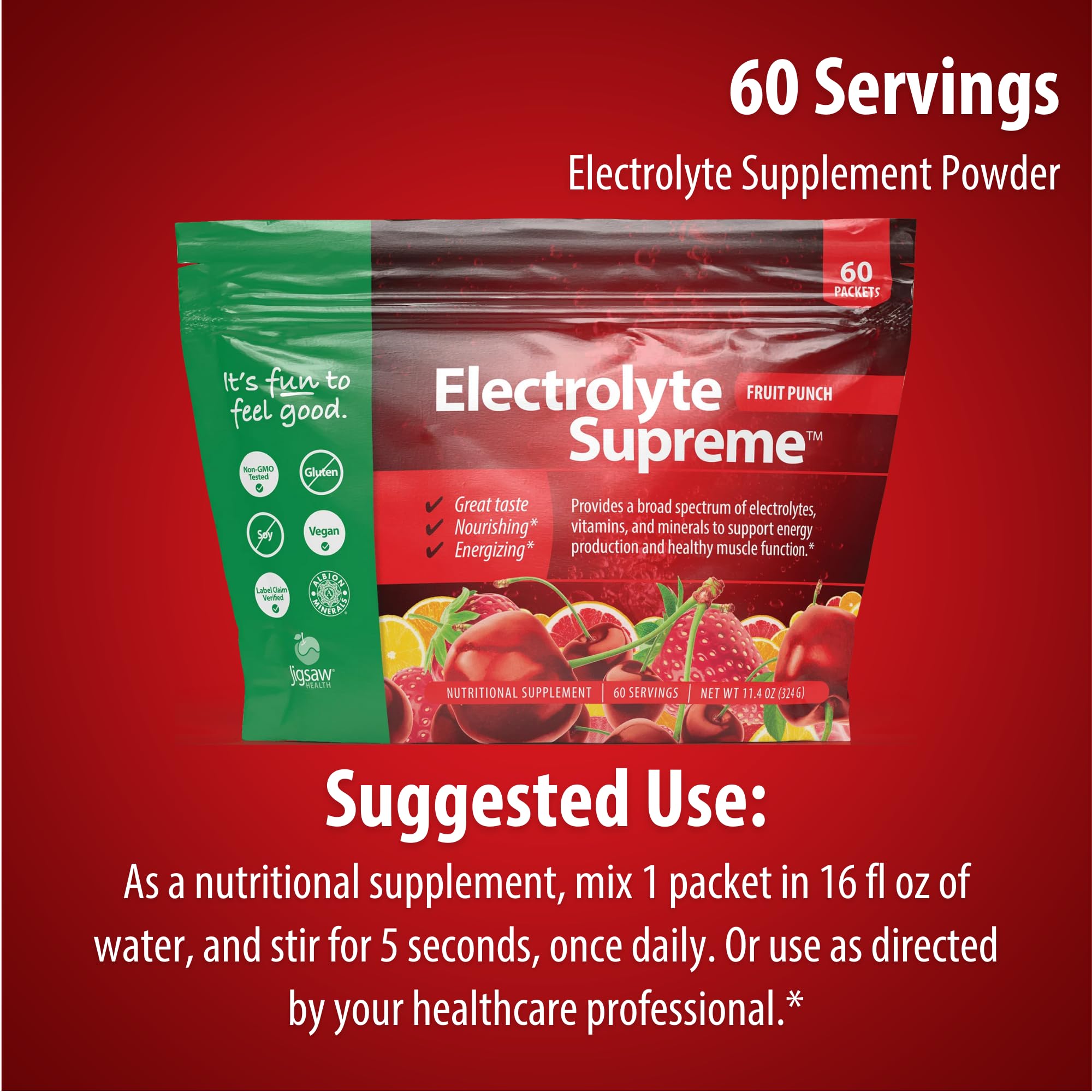 Jigsaw Health Electrolyte Supreme 60-serving pouch ready to mix in beverages.
