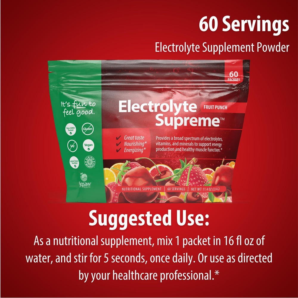 Jigsaw Health Electrolyte Supreme 60-serving pouch ready to mix in beverages.