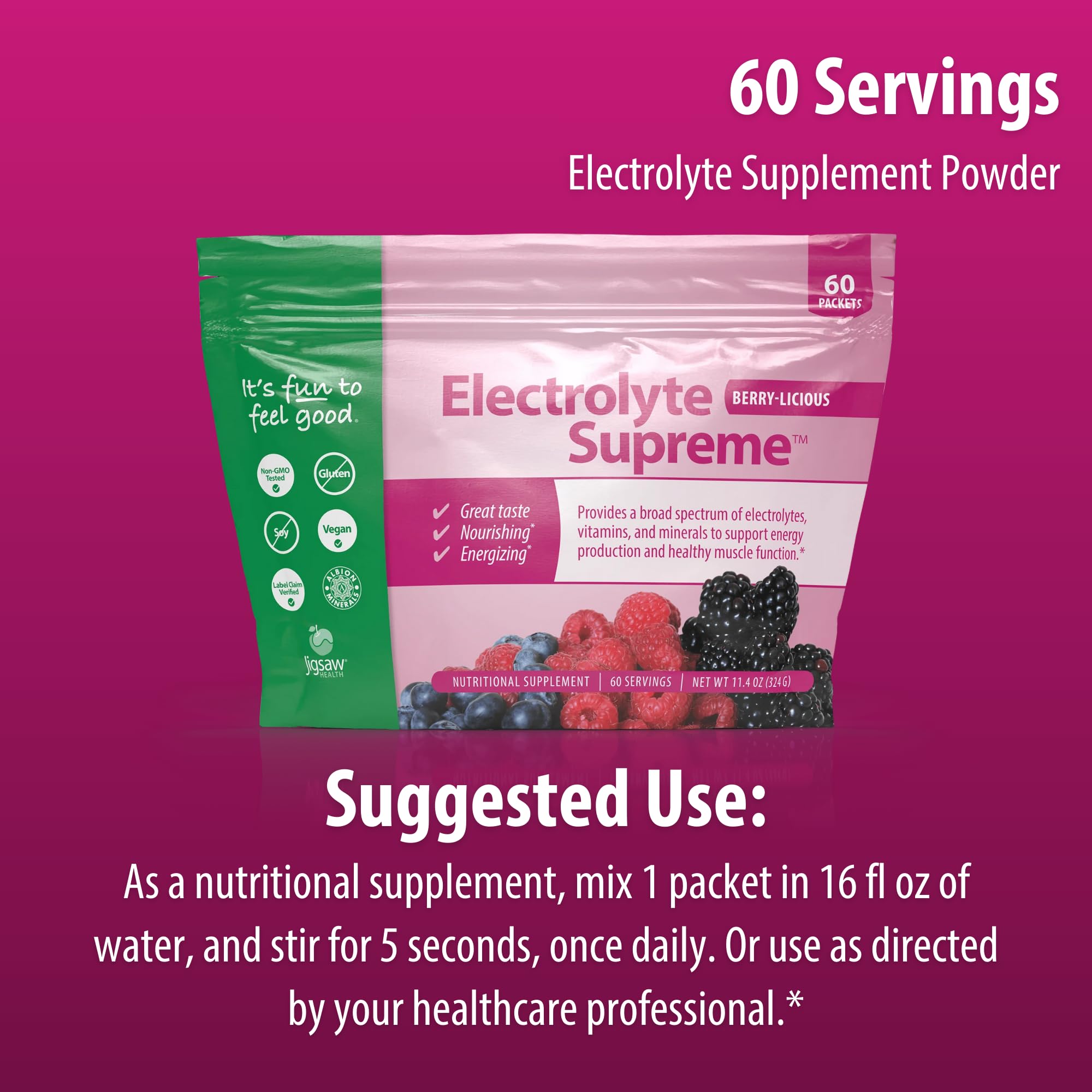 Jigsaw Electrolyte Supreme berry drink on a kitchen counter