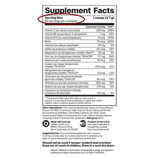 Jigsaw Health Electrolyte Supreme bottle back label highlights minerals and vitamins