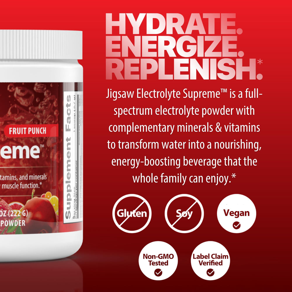 Jigsaw Health Electrolyte Supreme fruit punch packaging emphasizes keto-friendly, sugar-free formula