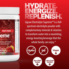 Jigsaw Health Electrolyte Supreme fruit punch packaging emphasizes keto-friendly, sugar-free formula