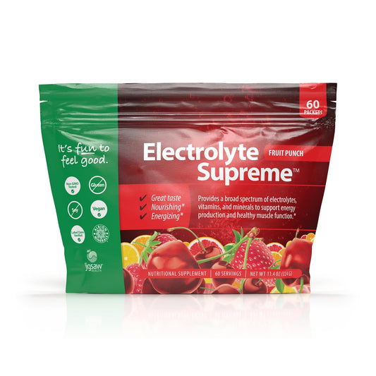 Jigsaw Health Electrolyte Supreme fruit punch powder in a tub for enhanced hydration.