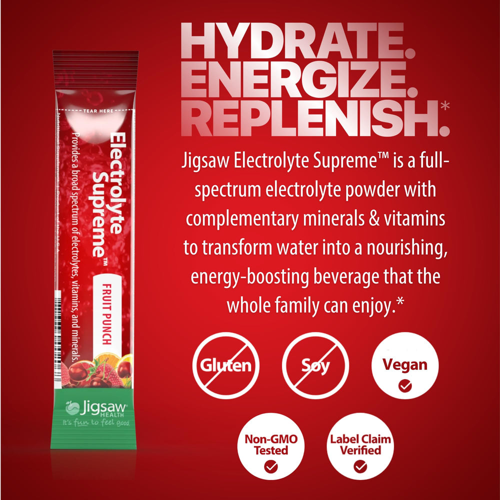 Measuring scoop showing 60 servings of Jigsaw Electrolyte Supreme for daily hydration.
