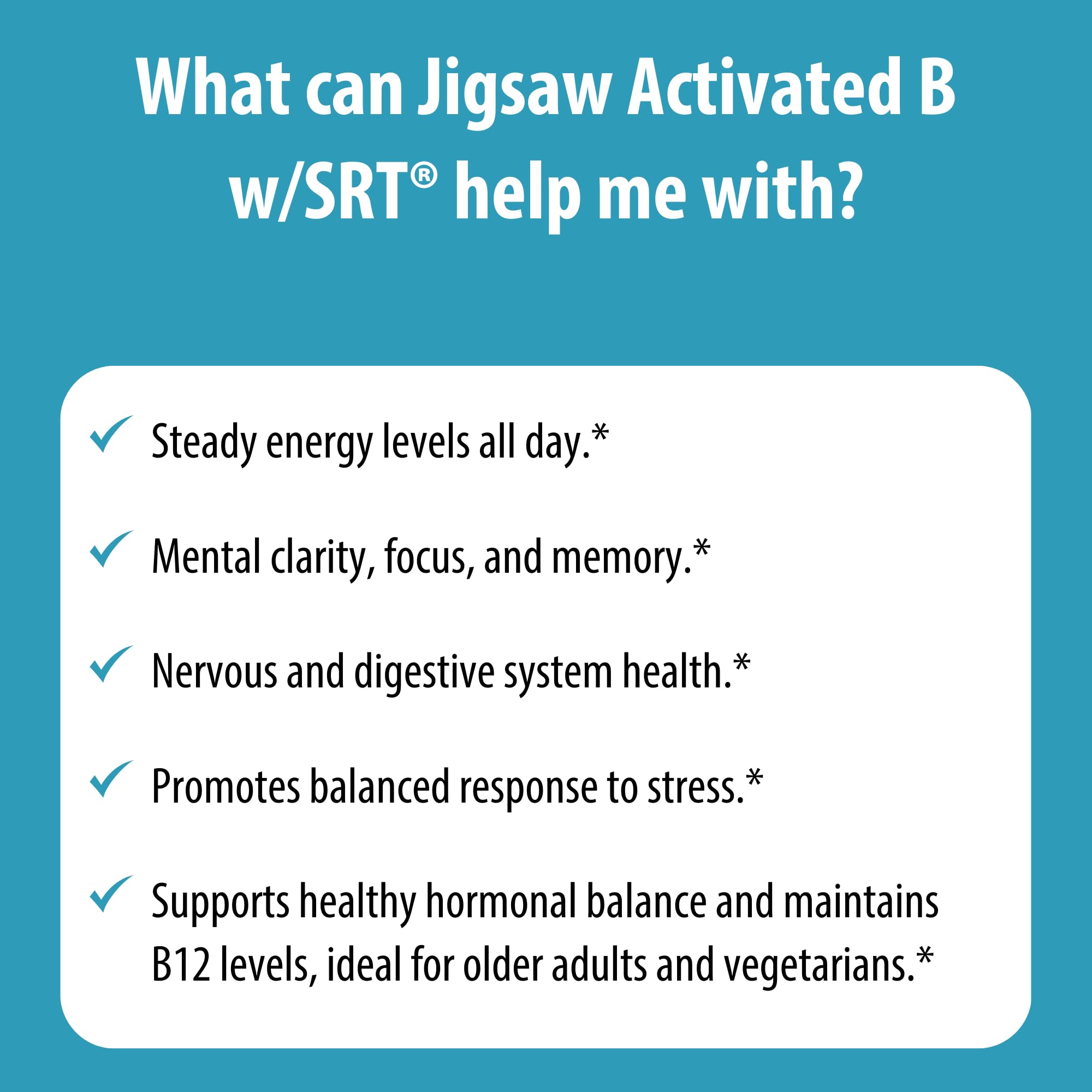 Jigsaw Health Activated B w/SRT packaging emphasizes quality and trust.