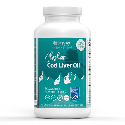 Jigsaw Health Alaskan Cod Liver Oil bottle for daily omega-3 support.