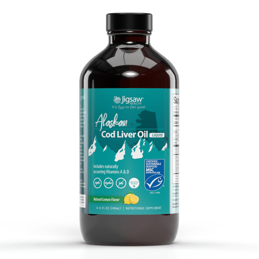Jigsaw Health Alaskan Cod Liver Oil Liquid bottle, highlighting sustainable sourcing and daily omega-3 support.
