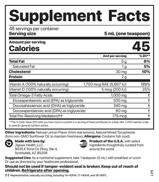 Jigsaw Health Cod Liver Oil pour shot, convenient daily use for heart-healthy omega-3 intake.