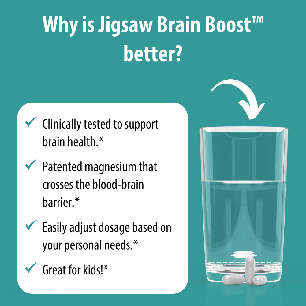 Jigsaw Health Brain Boost bottle on desk suggests daily routine use.