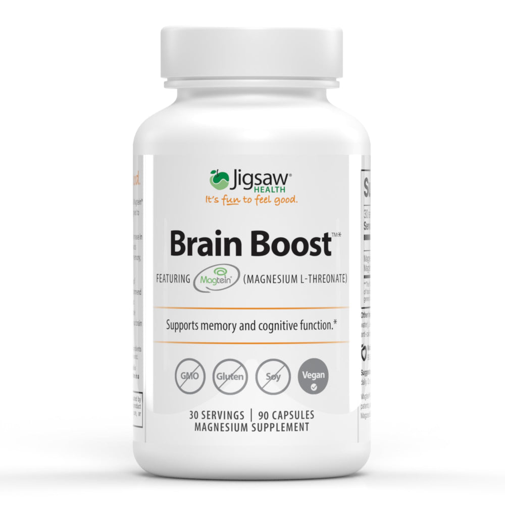Jigsaw Health Brain Boost bottle highlights magnesium for focus.