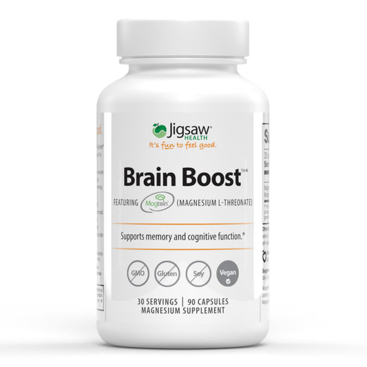 Jigsaw Health Brain Boost bottle highlights magnesium for focus.