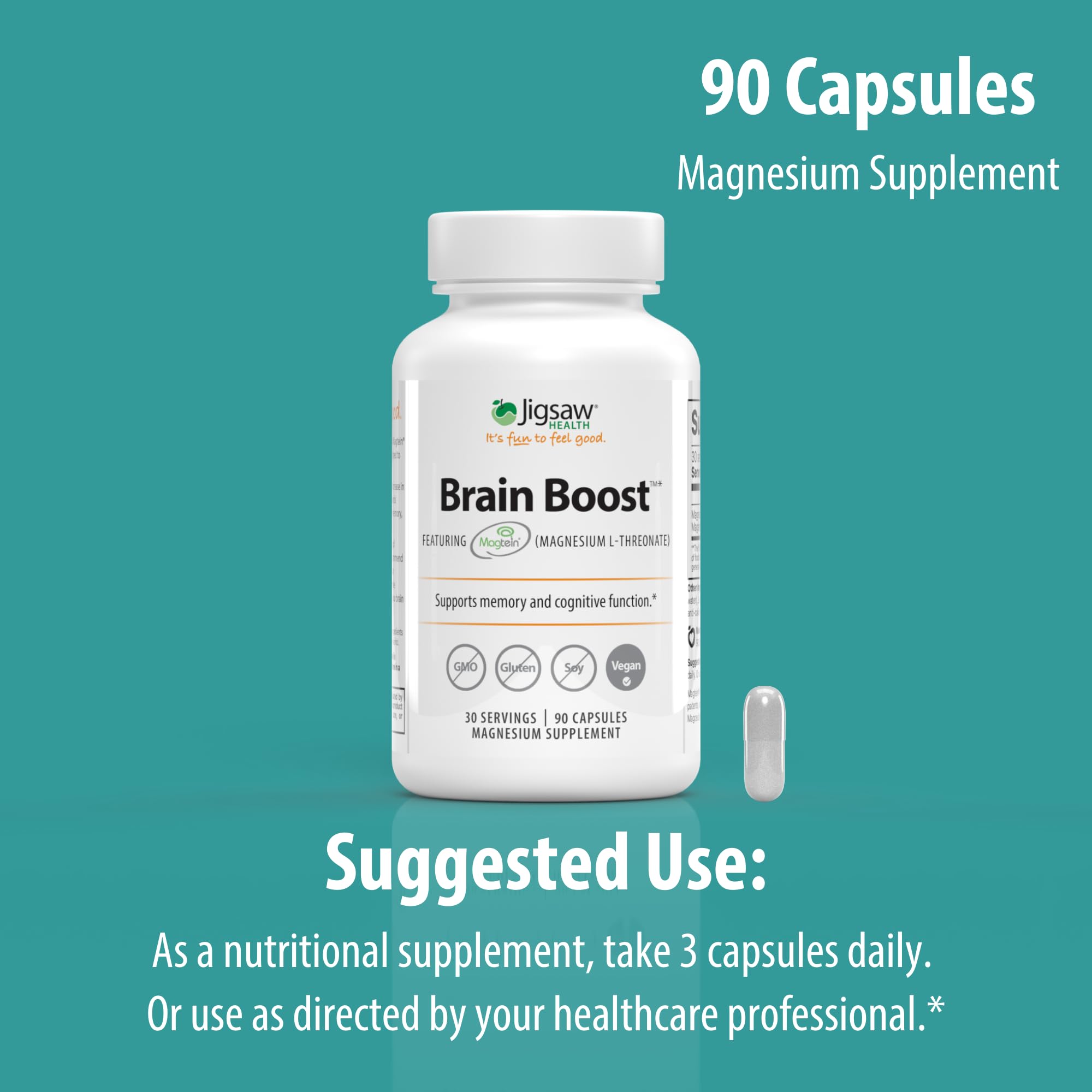 Jigsaw Health Brain Boost packaging communicates brand quality and purpose.