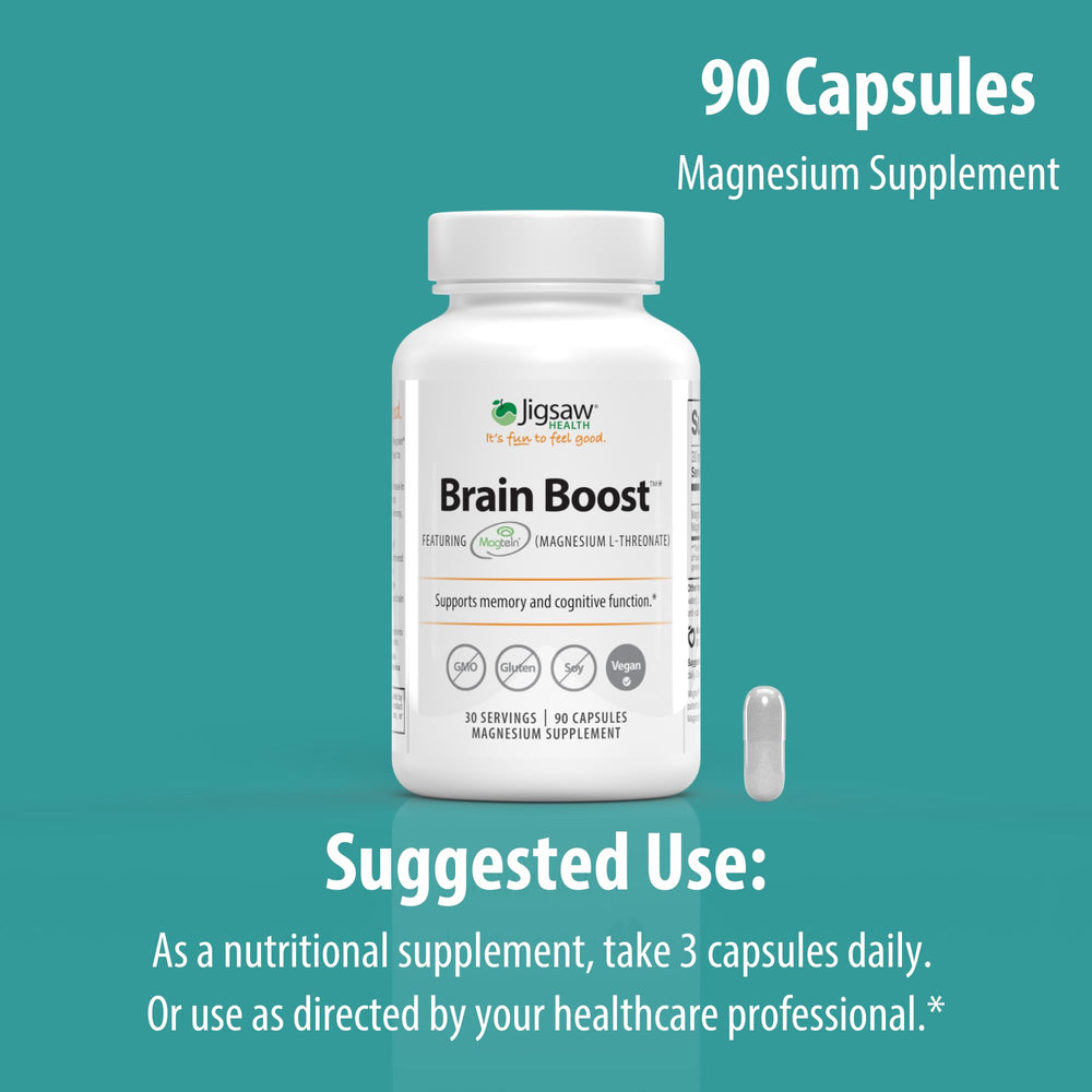Jigsaw Health Brain Boost packaging communicates brand quality and purpose.