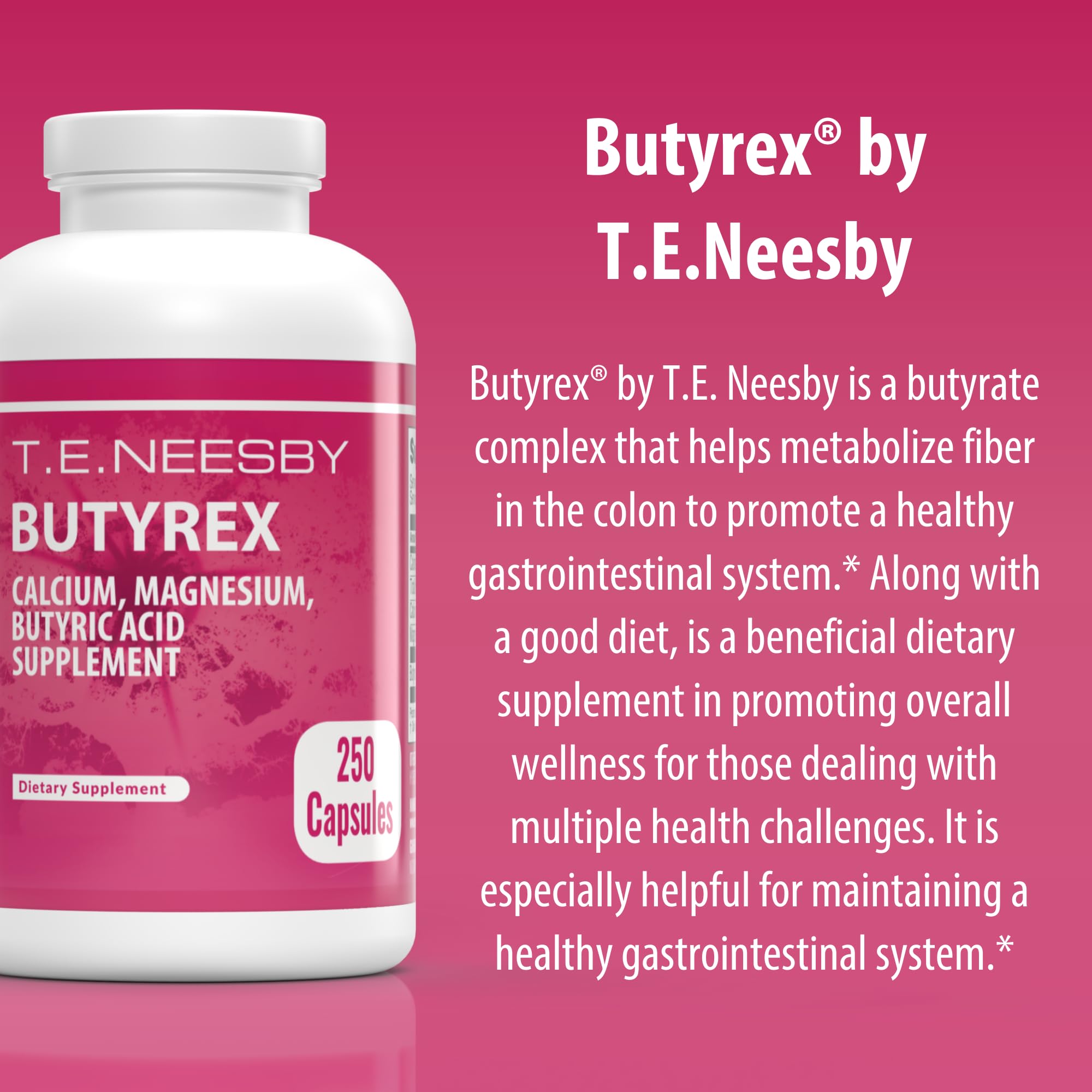 Butyrex ingredients diagram shows calcium and magnesium butyrates
