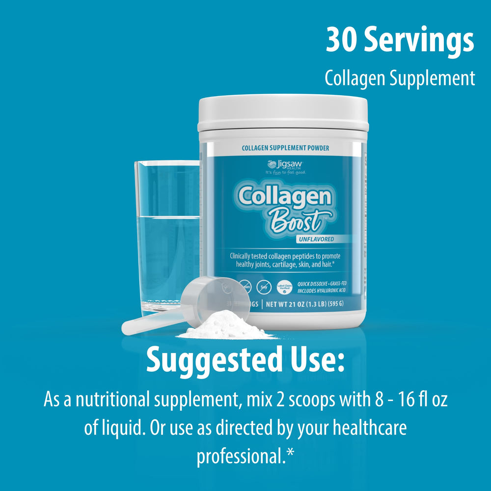 Jigsaw Health Collagen Boost packaging shows Fortigel Fortibone Verisol synergy