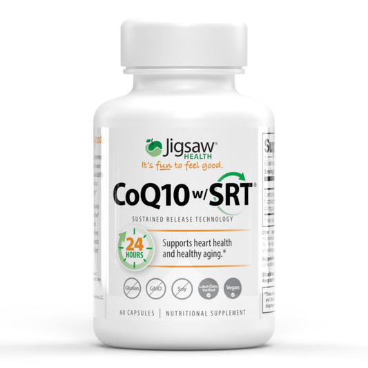 Jigsaw Health CoQ10 w/SRT bottle front with label, highlighting sustained release for steady support.