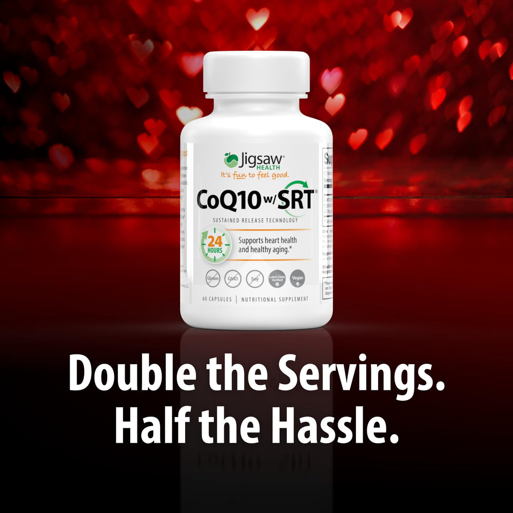 Jigsaw Health CoQ10 w/SRT product label detail shows MicroActive CoQ10 technology.