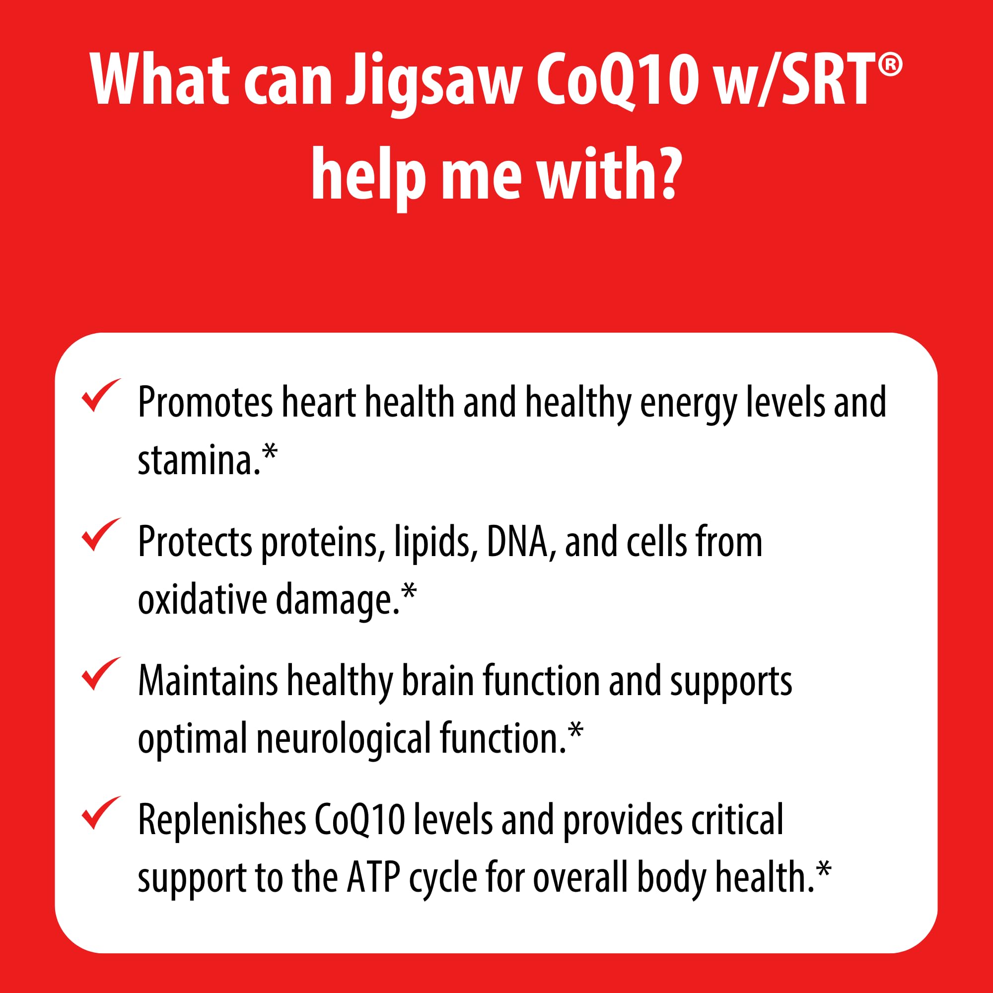 Jigsaw Health CoQ10 w/SRT packaging on shelf with branding.