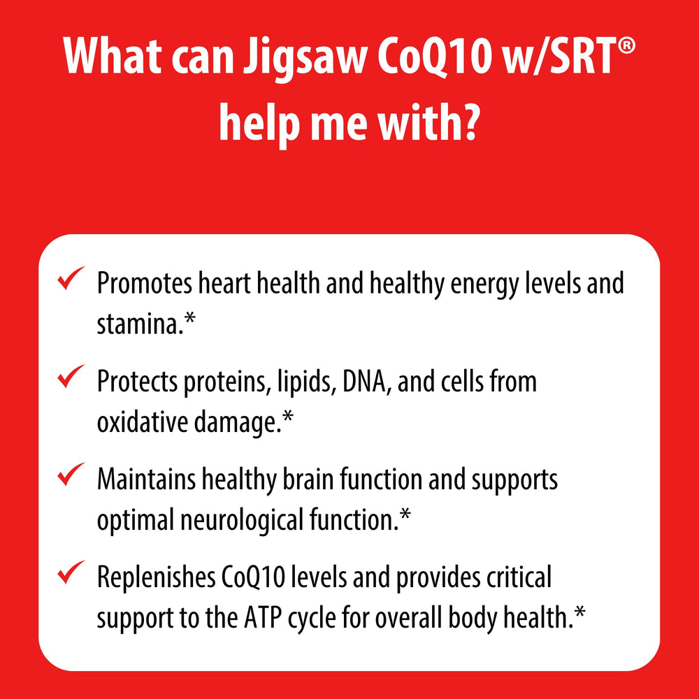 Jigsaw Health CoQ10 w/SRT packaging on shelf with branding.