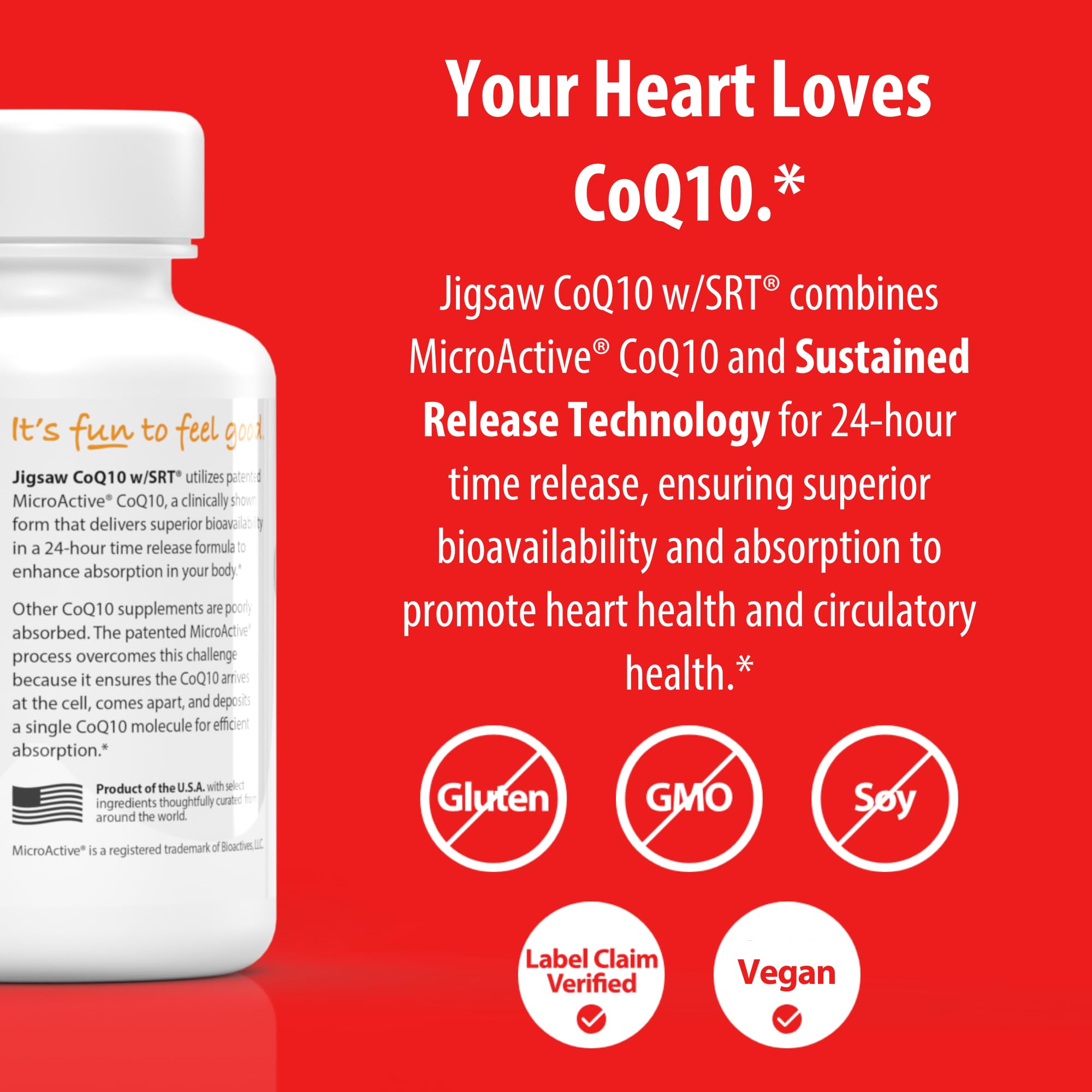 Jigsaw Health CoQ10 w/SRT two-month supply box demonstrates value and convenience.