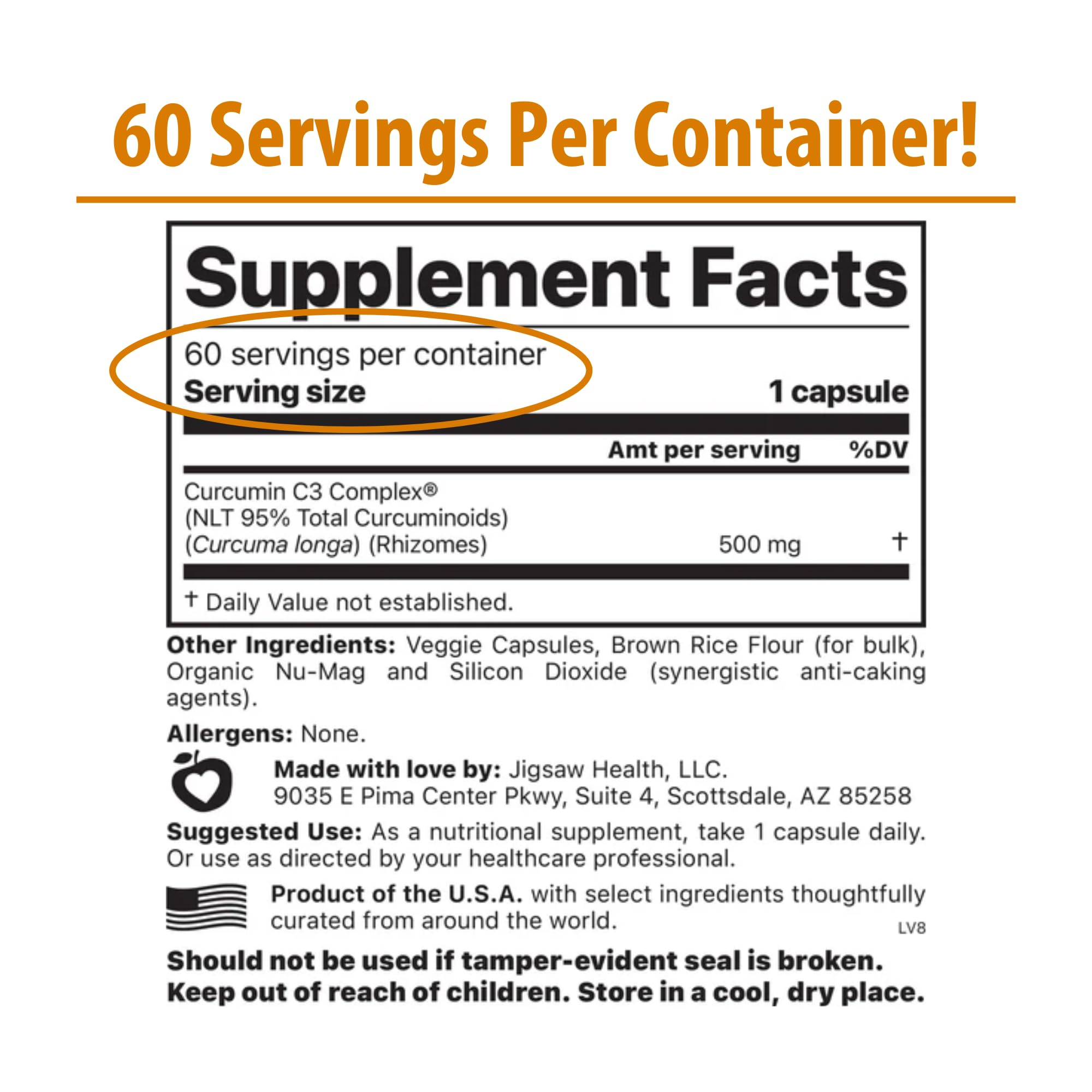 Jigsaw Health Curcumin C3 Complex bottle back showing ingredients and serving size.