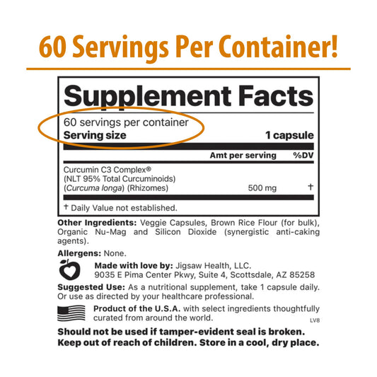 Jigsaw Health Curcumin C3 Complex bottle back showing ingredients and serving size.