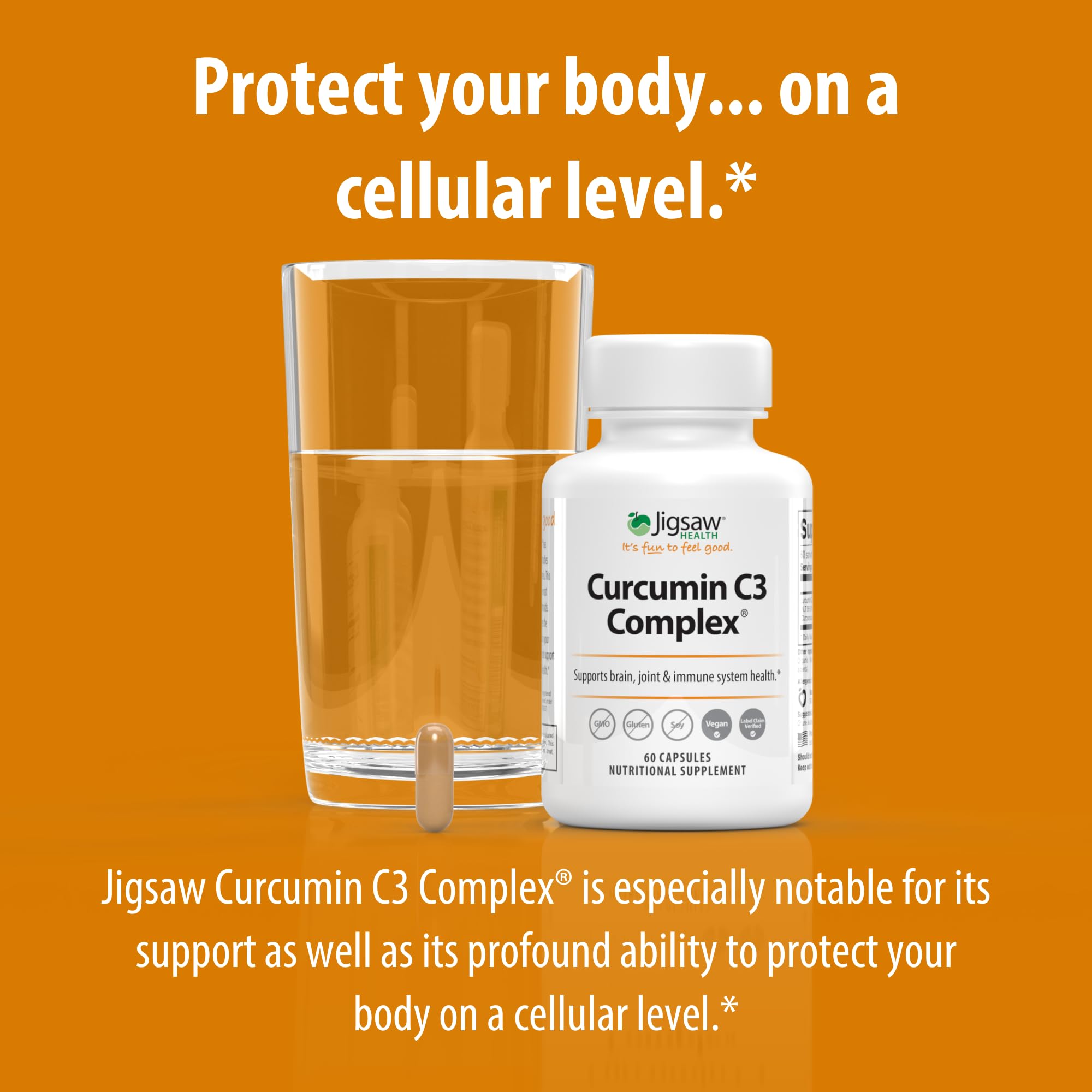 Jigsaw Health Curcumin C3 Complex bottle on counter for everyday use.