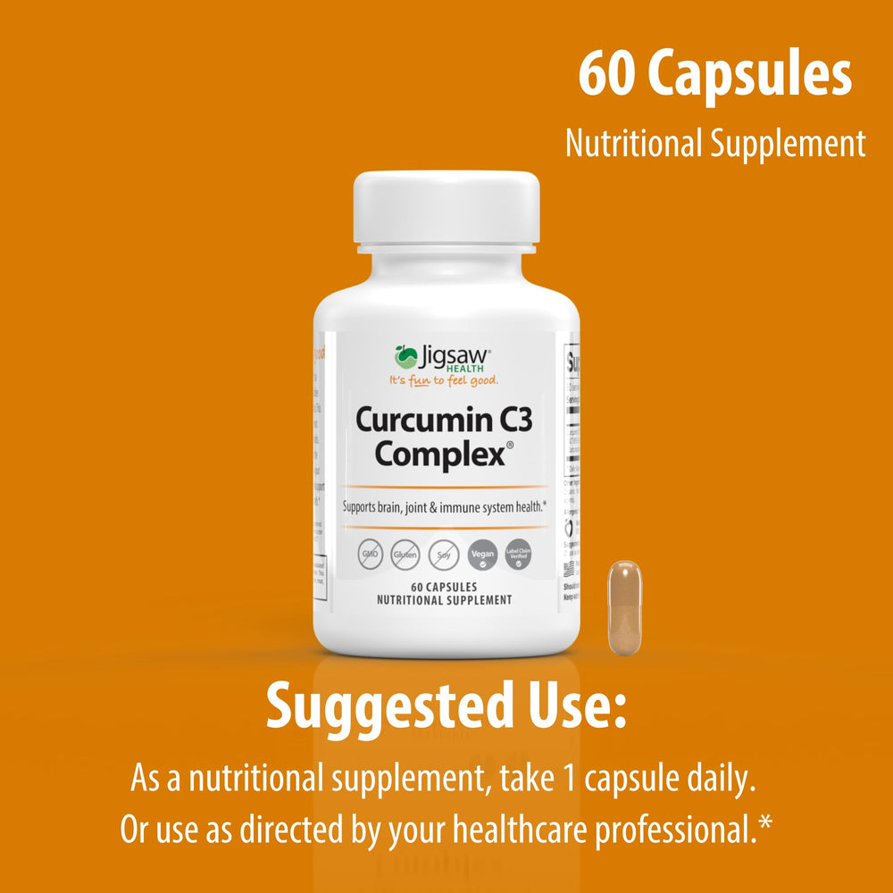 Product packaging stand featuring Jigsaw Health Curcumin C3 Complex.