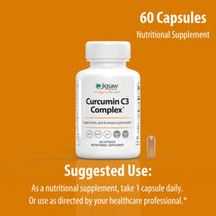 Product packaging stand featuring Jigsaw Health Curcumin C3 Complex.