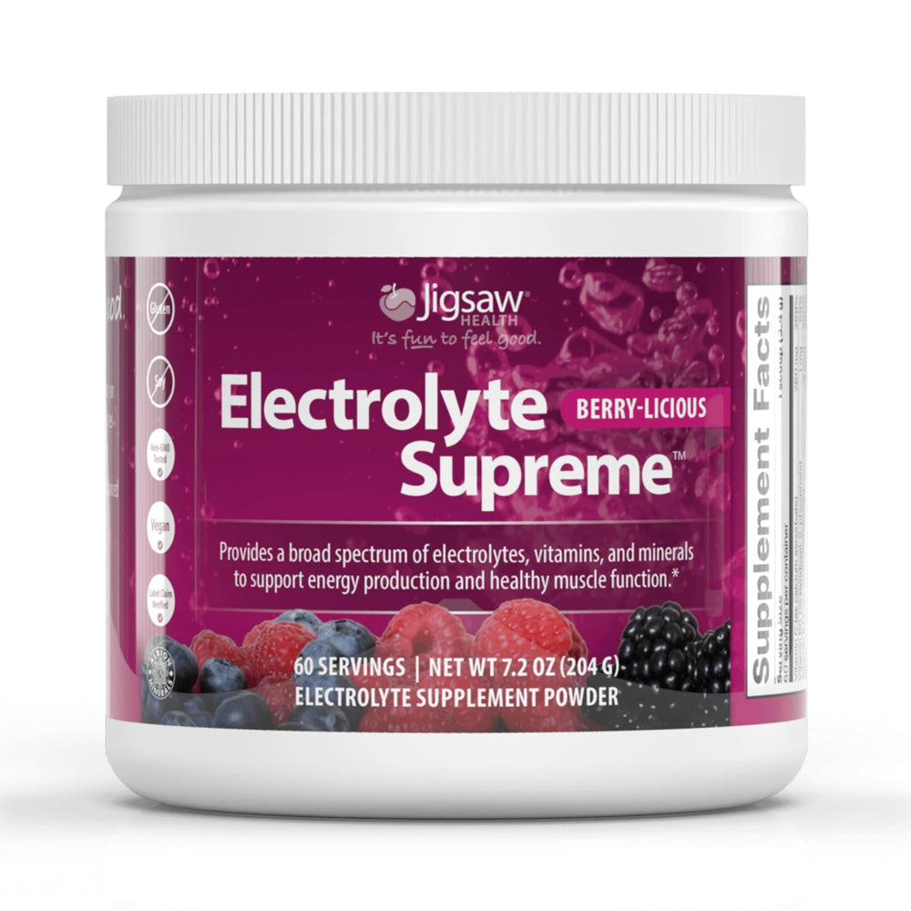 Jigsaw Health Electrolyte Supreme Berry-licious powder scoop energizes water.