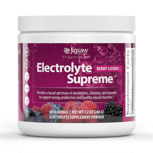 Jigsaw Health Electrolyte Supreme Berry-licious powder scoop energizes water.