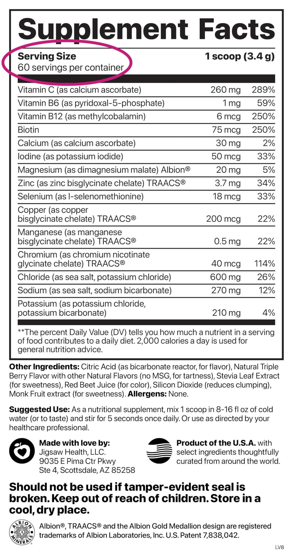 Jigsaw Health Electrolyte Supreme bottle label closeup shows ingredients.