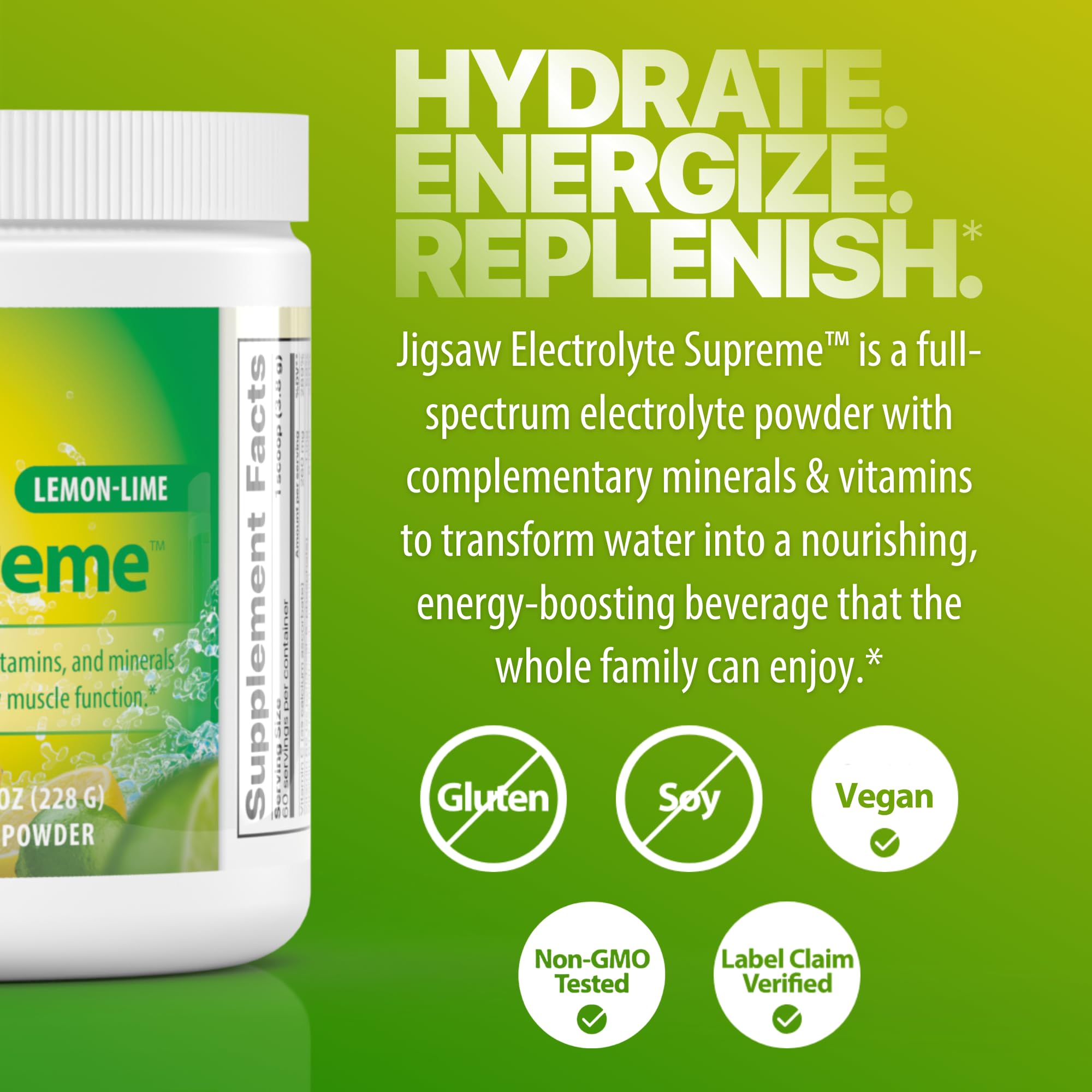 Jigsaw Health Electrolyte Supreme family-use highlights suitability for parents and kids.