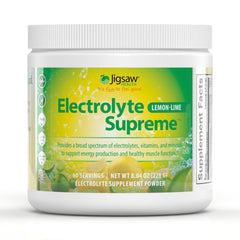 Jigsaw Health Electrolyte Supreme lemon-lime bottle offers refreshing hydration for daily energy.