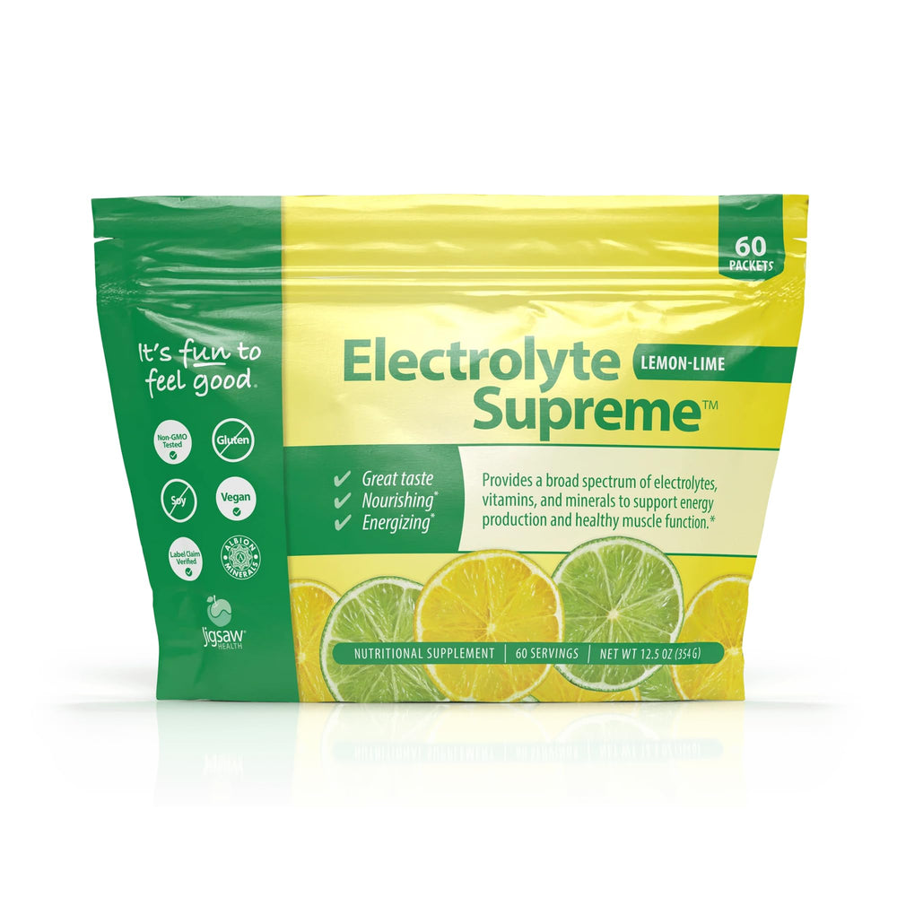 Jigsaw Health Electrolyte Supreme lemon-lime packet closeup for quick hydration