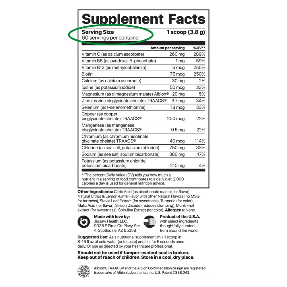 Jigsaw Health Electrolyte Supreme powder jar shows full-spectrum minerals for hydration.