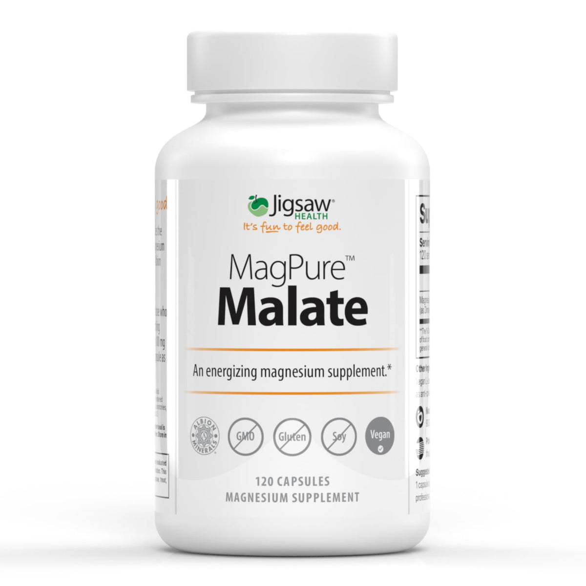Jigsaw Health MagPure Malate bottle label shows magnesium capsules for energy support