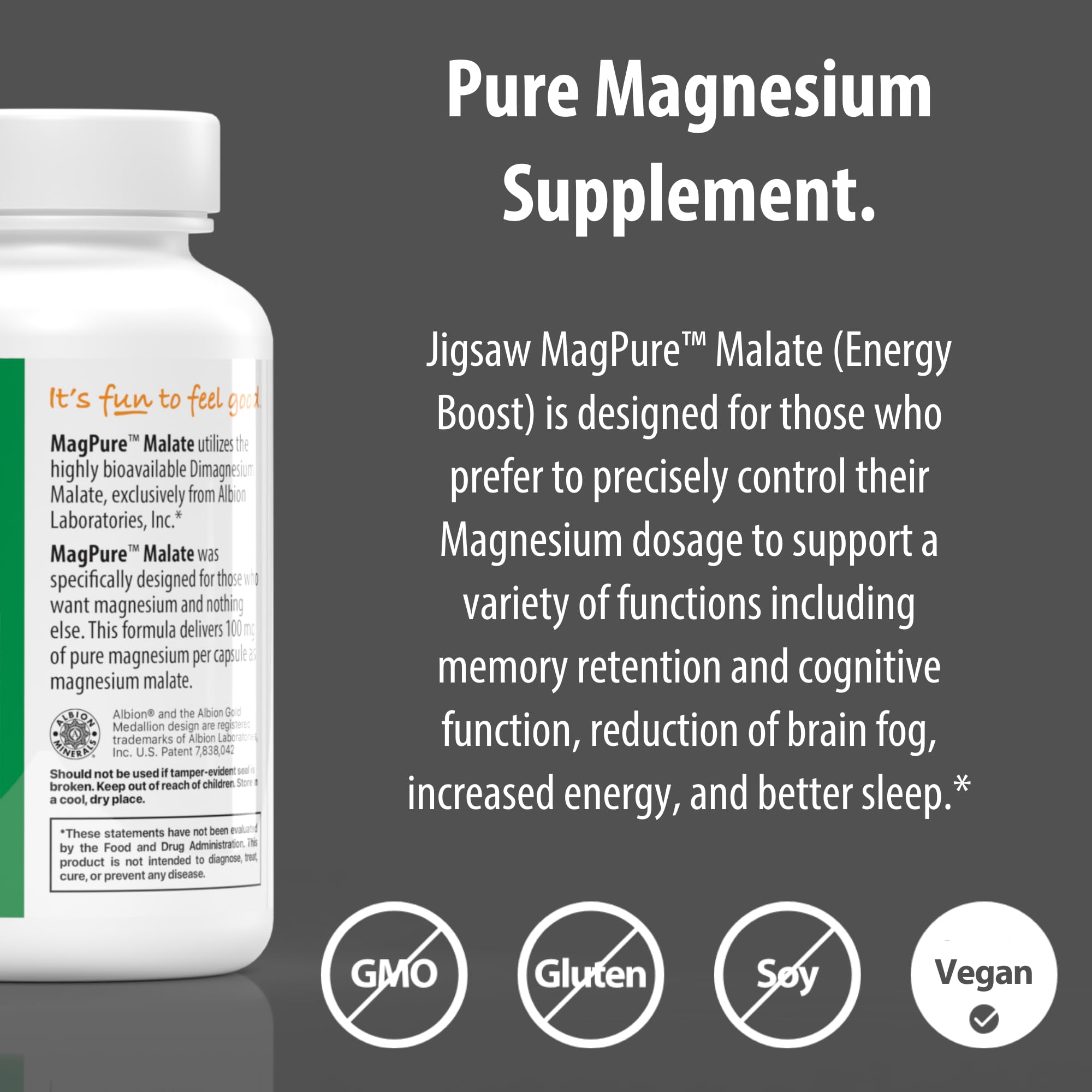 MagPure Malate bottle with serving size information for daily magnesium