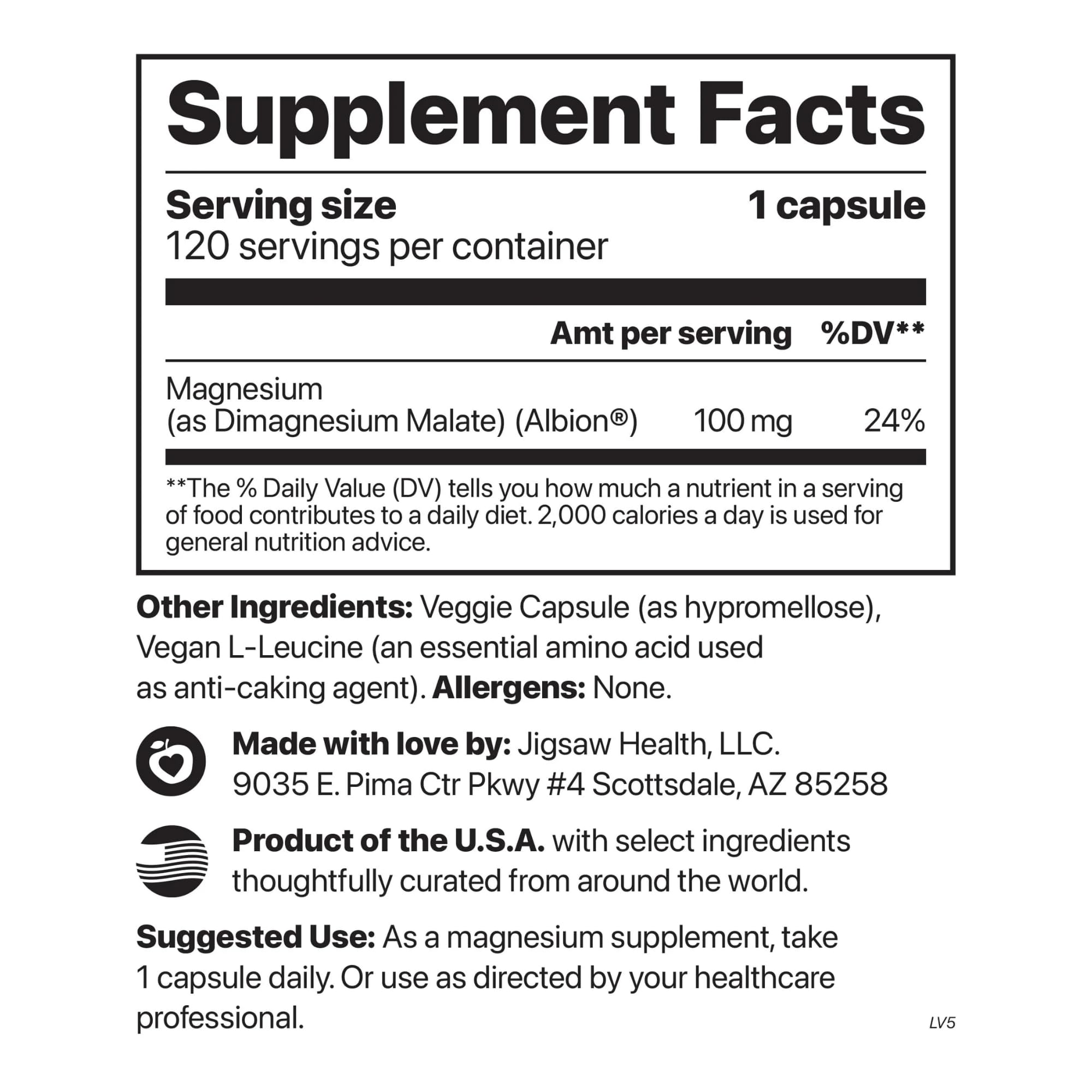 Close-up of Jigsaw Health MagPure Malate capsules highlighting clean vegetable capsule