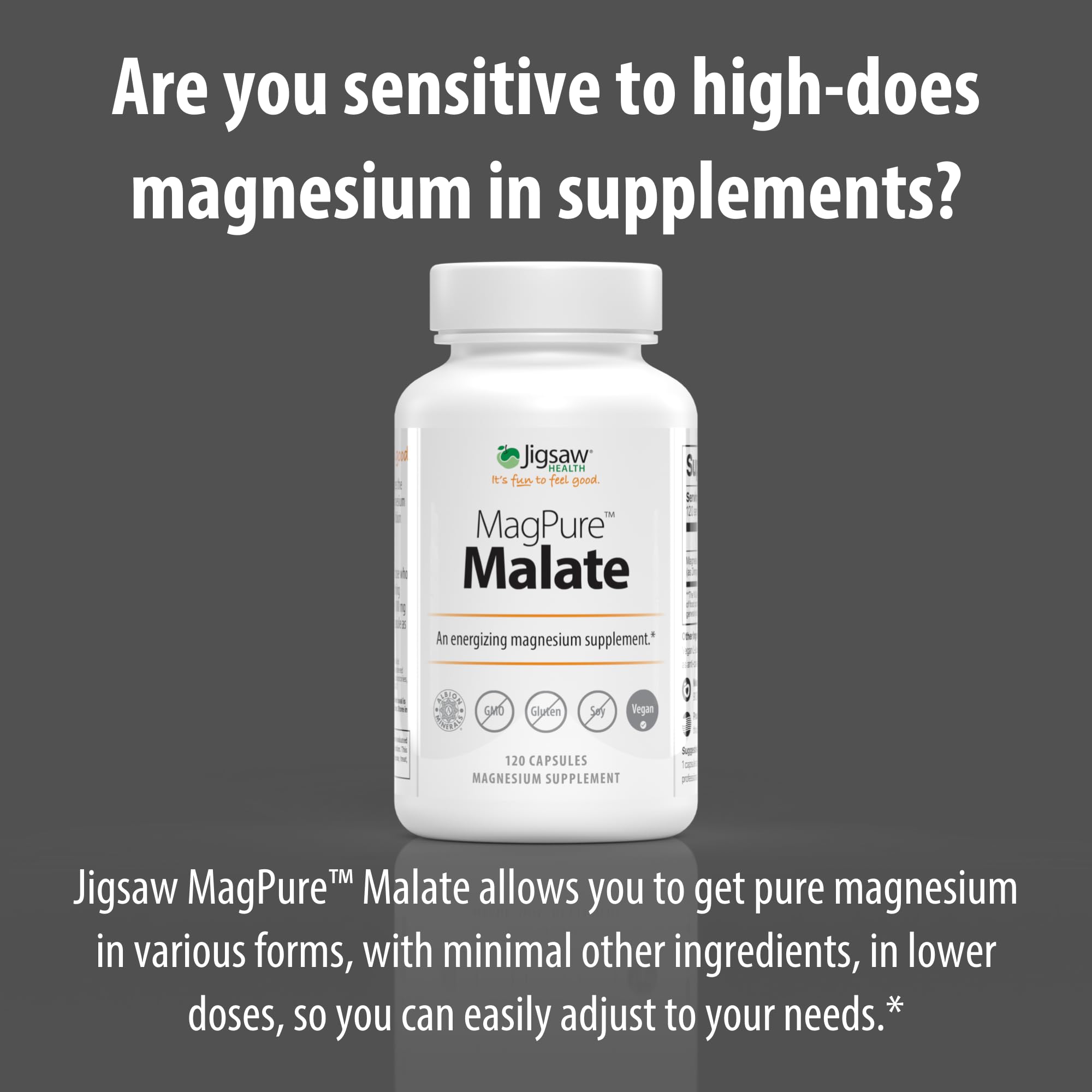 Ingredients list for MagPure Malate showing dimagnesium malate and L-Leucine