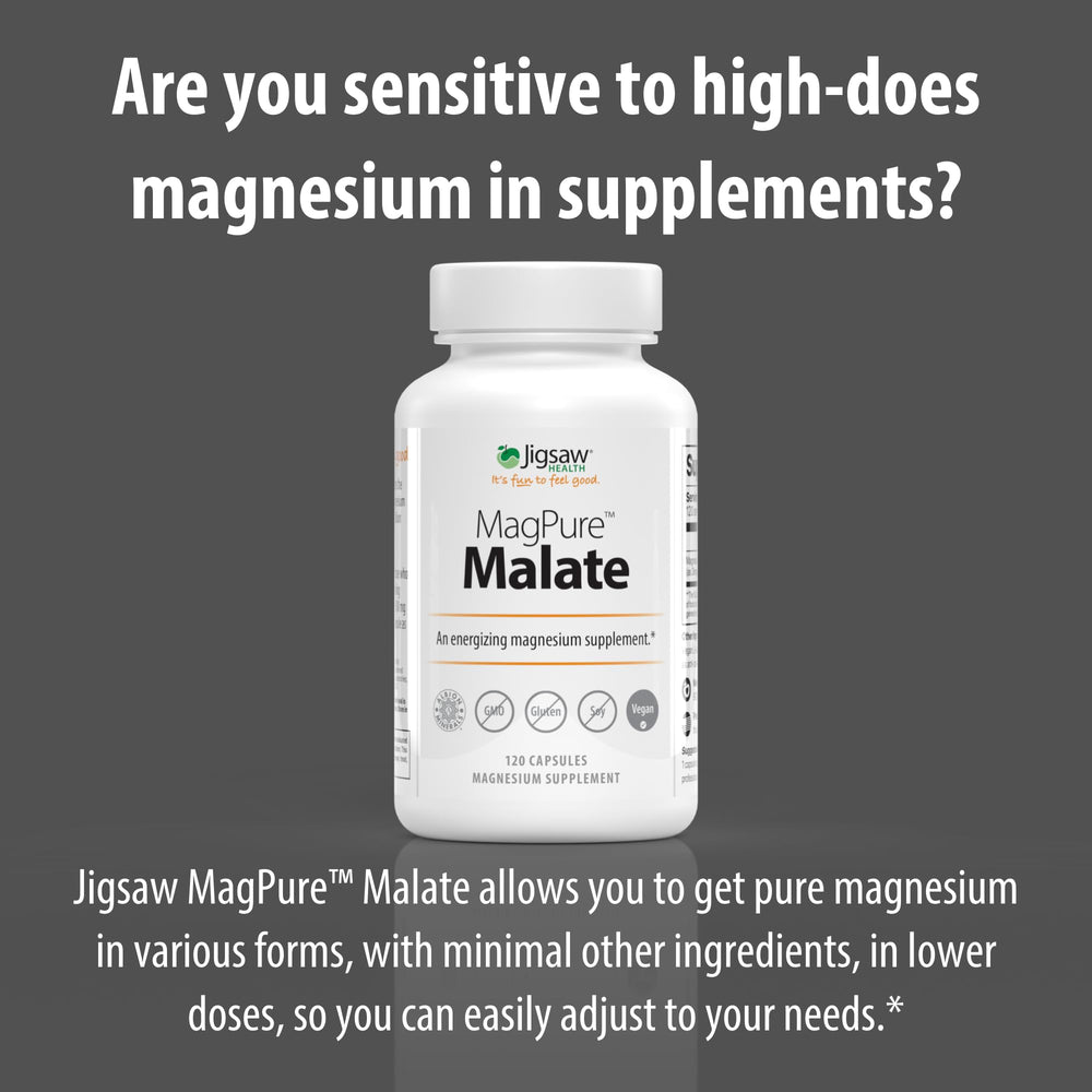 Ingredients list for MagPure Malate showing dimagnesium malate and L-Leucine