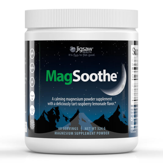 Jigsaw Health MagSoothe jar front view with raspberry lemonade flavor for calming support