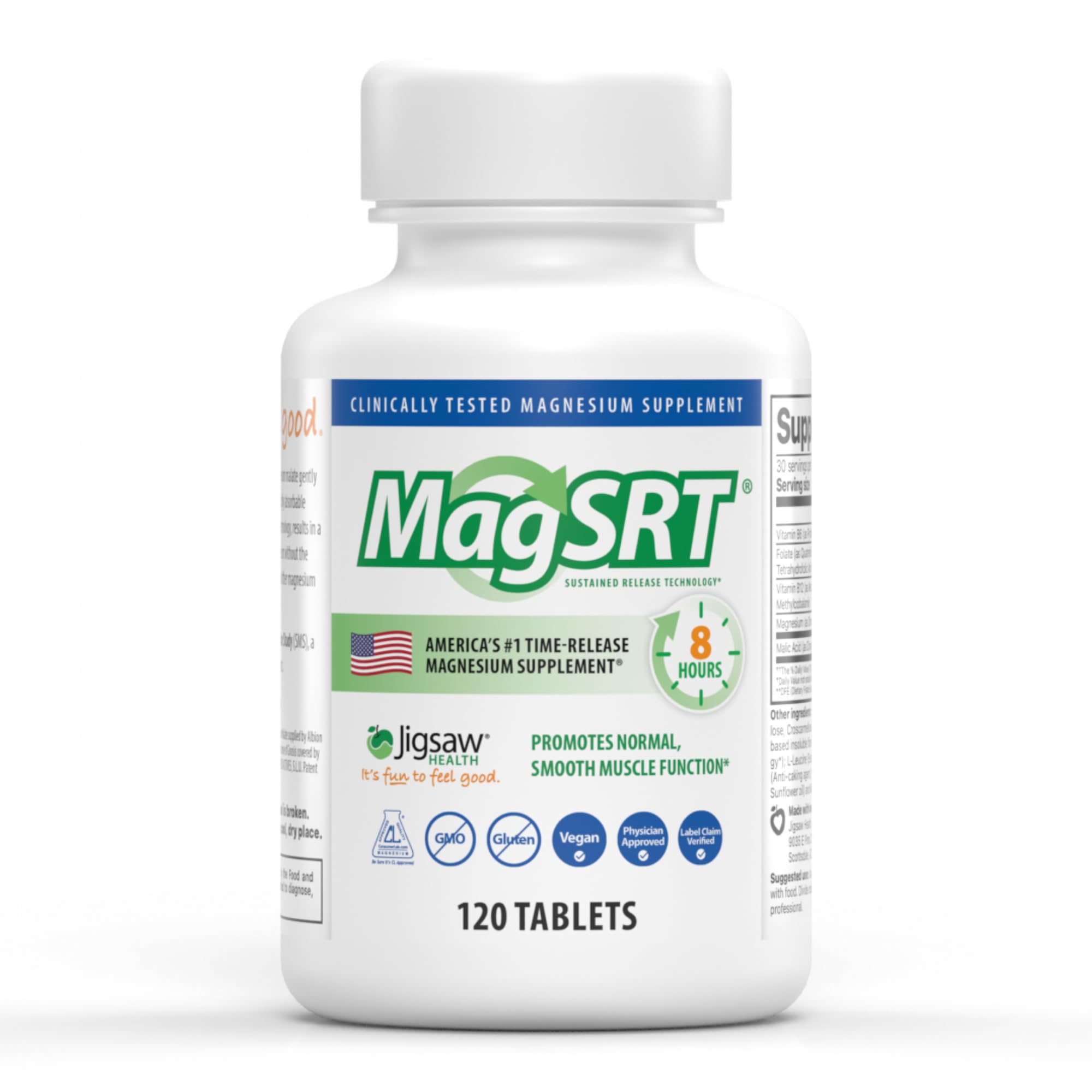 Jigsaw Health MagSRT bottle front showing timed-release formula for steady daily support