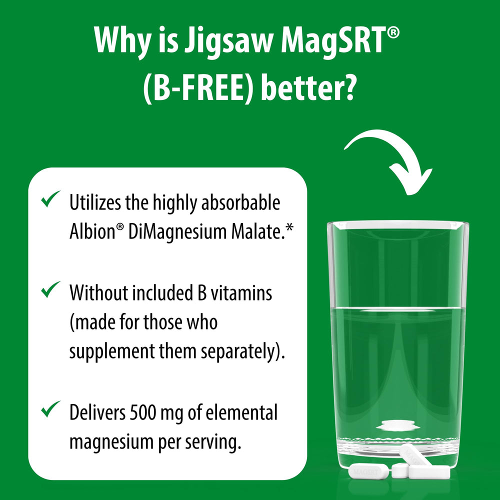 Jigsaw Health MagSRT bottle on kitchen counter under natural light.